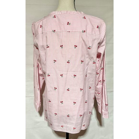 NWT TALBOTS sz M popover pink white cherry pullover 1/4 button ruffle blouse - Picture 3 of 8